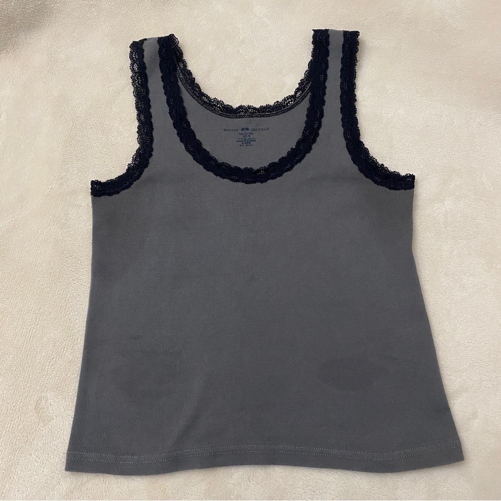 Brandy Melville Grey Tank Top with Black Lace Detailing
